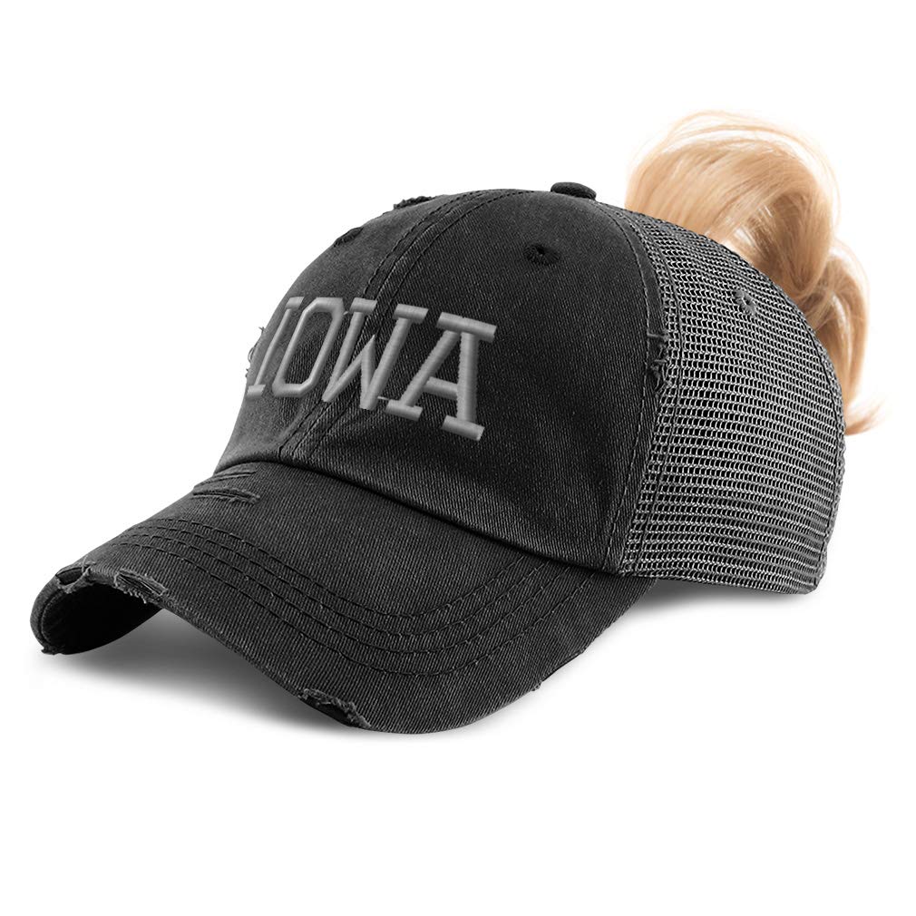 Womens Ponytail Cap Iowa State America USA Embroidery Cotton Distressed Trucker Hats Strap Closure Black Design Only