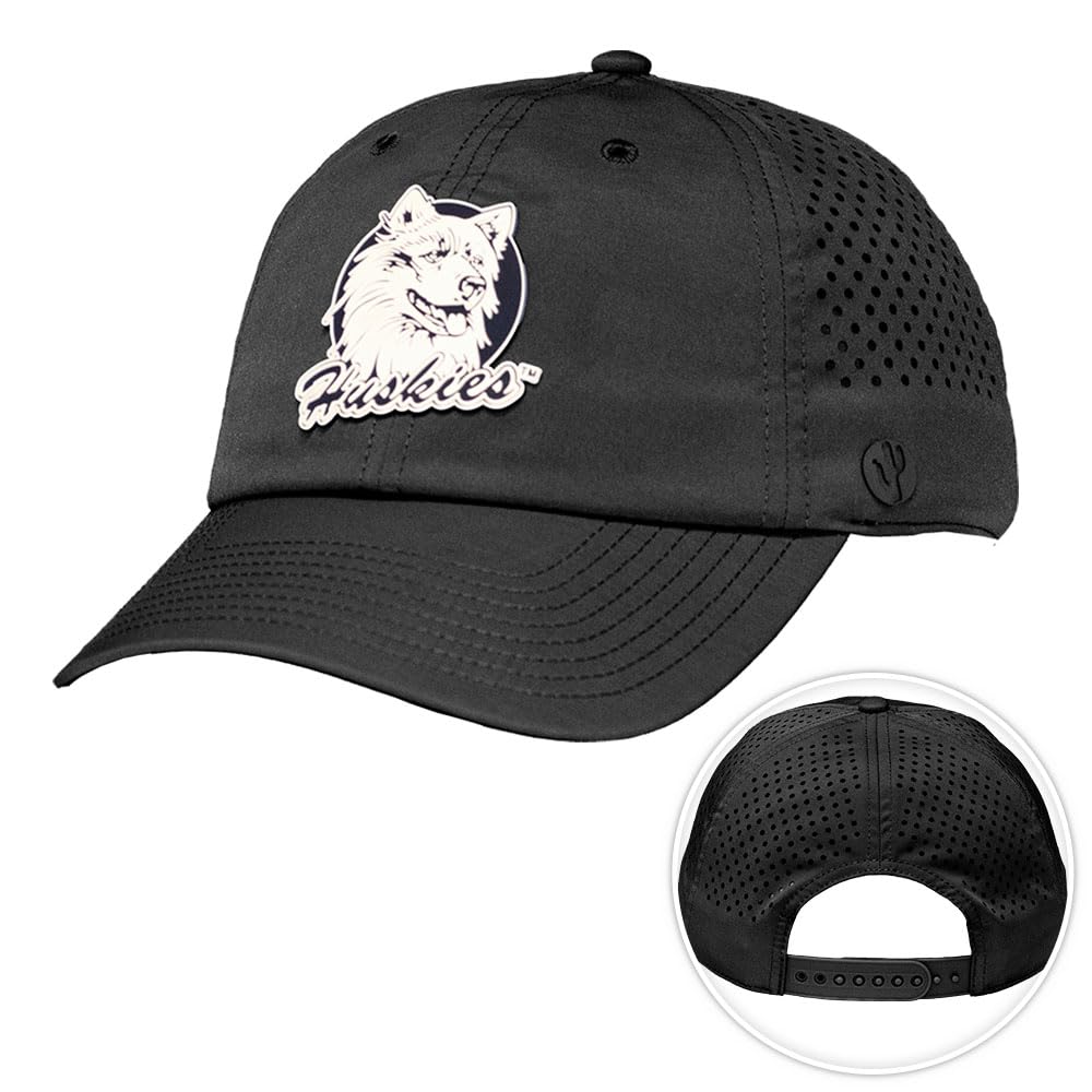 Desert Cactus University of Connecticut Snapback Baseball Hat, UConn Huskies Unstructured BreezePro Performance Hat with Adjustable Silicone Strap (Design Vintage BP1-Black)