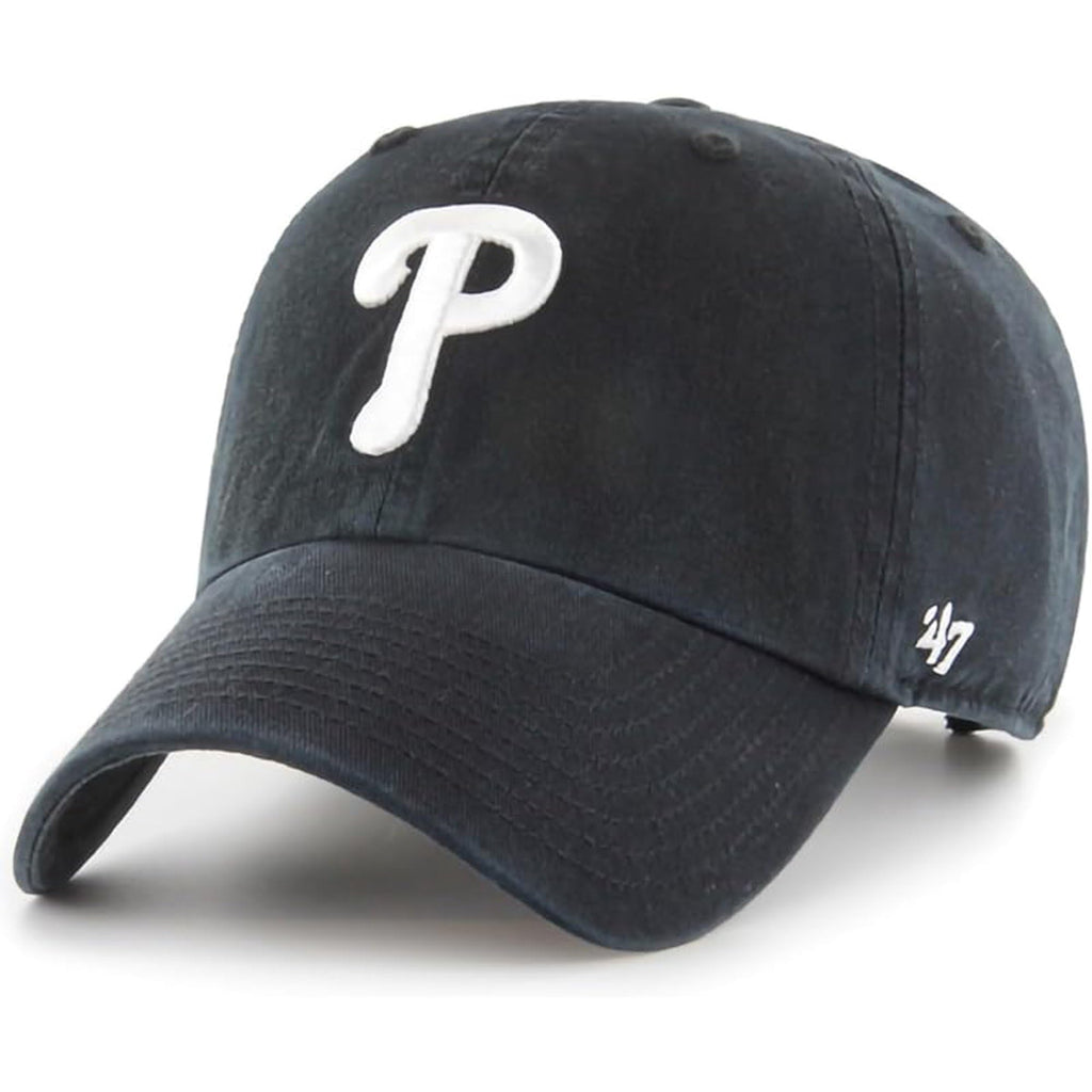 47 Brand MLB Black White Primary Logo Clean Up Adjustable Baseball Cap Hat, Adult One Size Fits All - Philadelphia Phillies Black White