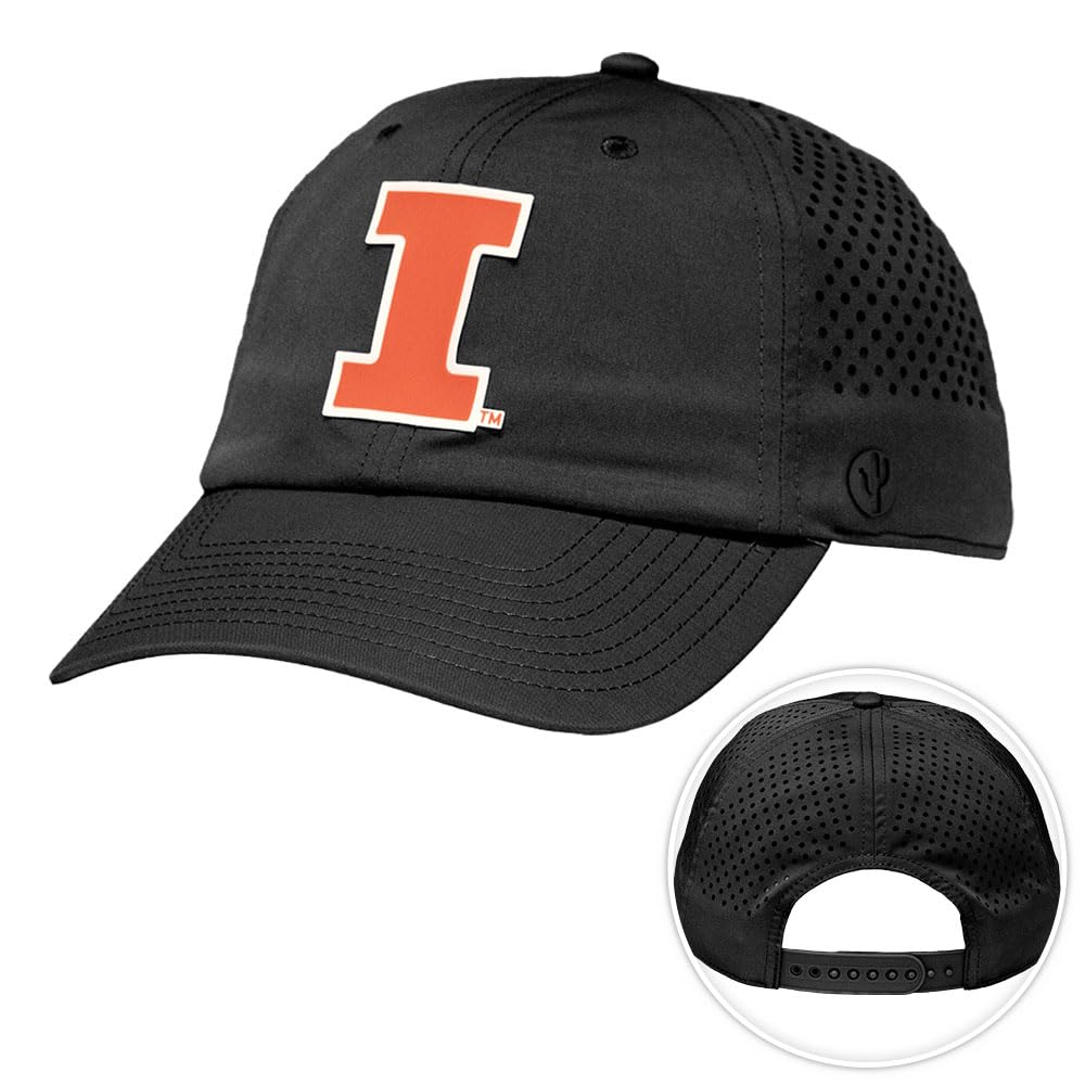 Desert Cactus University of Illinois Snapback Baseball Hat, U of I Fighting Illini Unstructured BreezePro Performance Hat with Adjustable Silicone Strap (Design BP3-Black)
