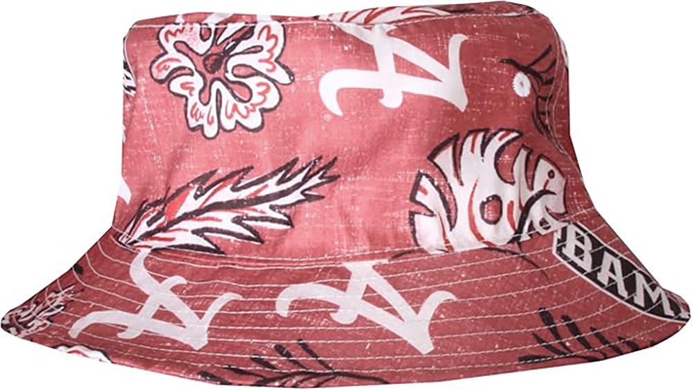 Wes and Willy Mens College Hawaiian Vintage Floral Bucket Hat(Alabama Crimson Tide, L/XL)