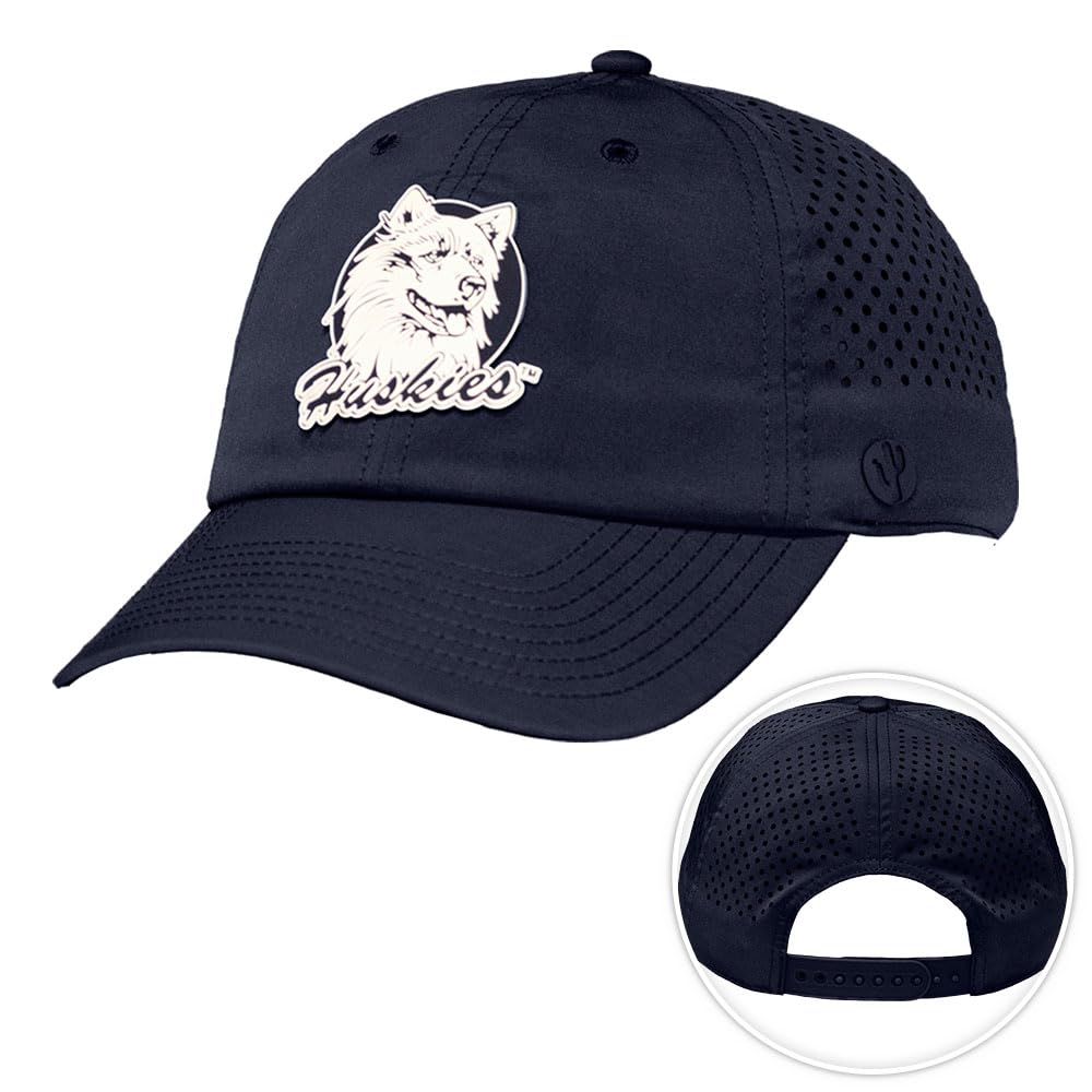 Desert Cactus University of Connecticut Snapback Baseball Hat, UConn Huskies Unstructured BreezePro Performance Hat with Adjustable Silicone Strap (Design Vintage BP1-Navy C)
