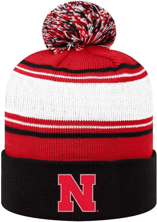 Collegiate Cuffed Knit Beanie Hats, Cuffed Knit Winter Beanies Available (Winter Pom Beanie, Nebraska Striped)