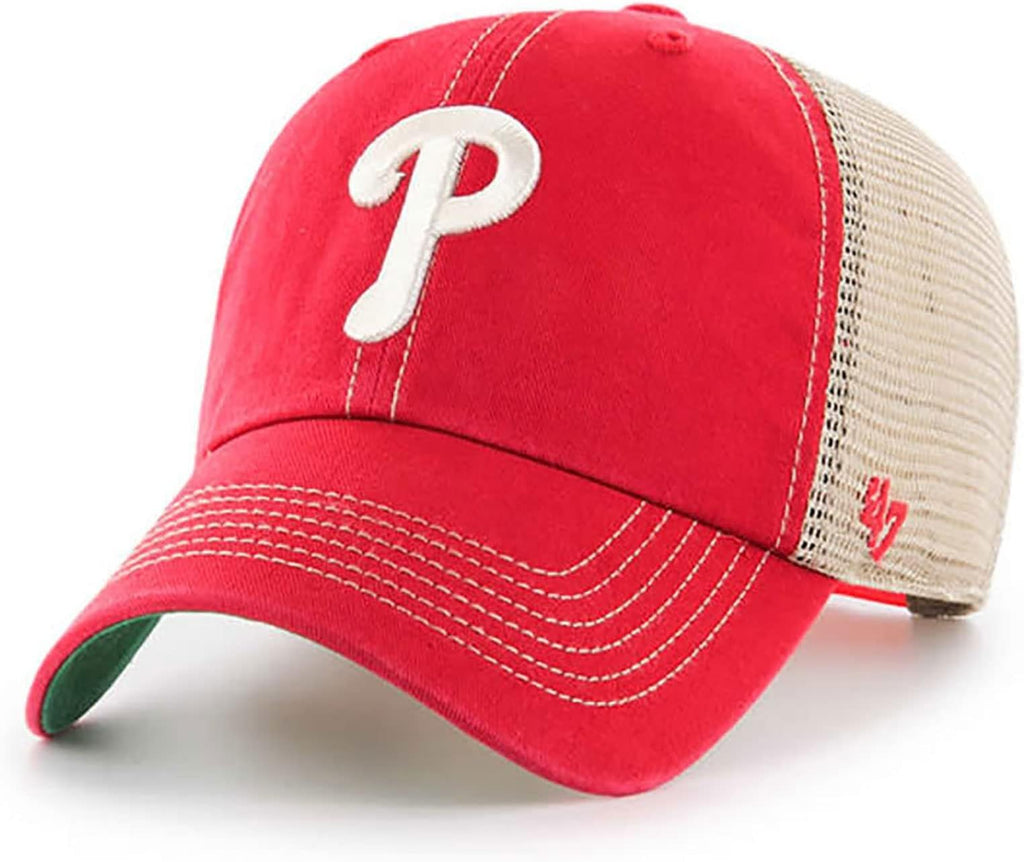 47 MLB Trawler Primary Logo Team Color Mesh Trucker Clean Up Adjustable Hat, Adult One Size Fits All - Philadelphia Phillies Red