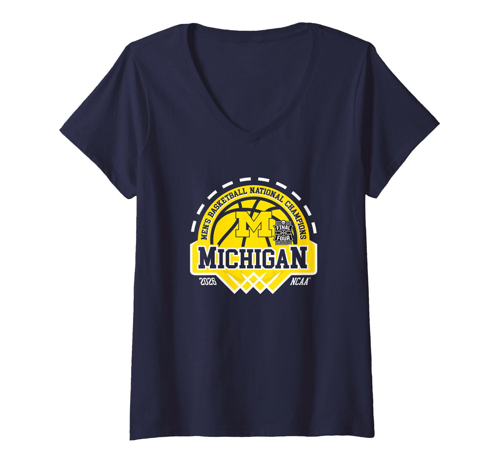Women's Michigan Wolverines National Champs 2026 Men Basketball Navy V-Neck T-Shirt