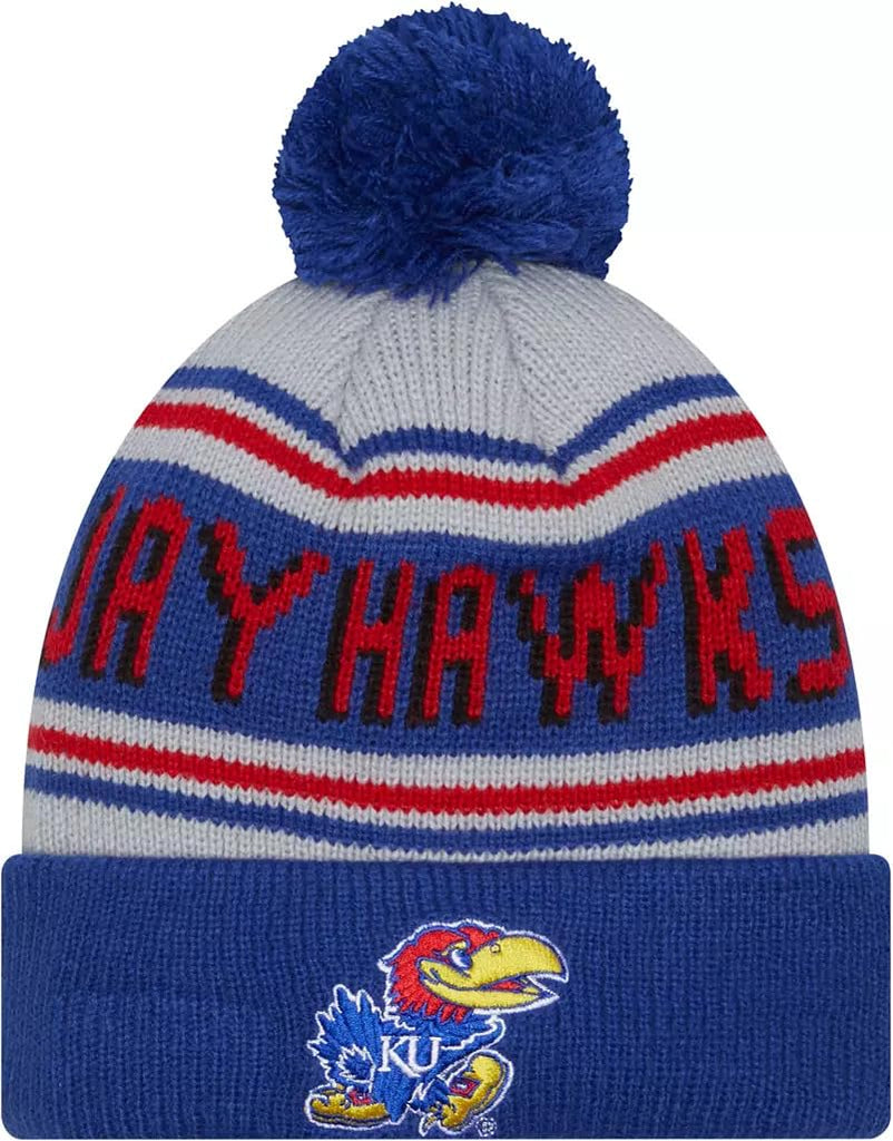 New Era Kansas Jayhawks Royal Wordmark Cheer Sideline Sport Cuff Beanie Hat with Pom - NCAA Cuffed Winter Cap