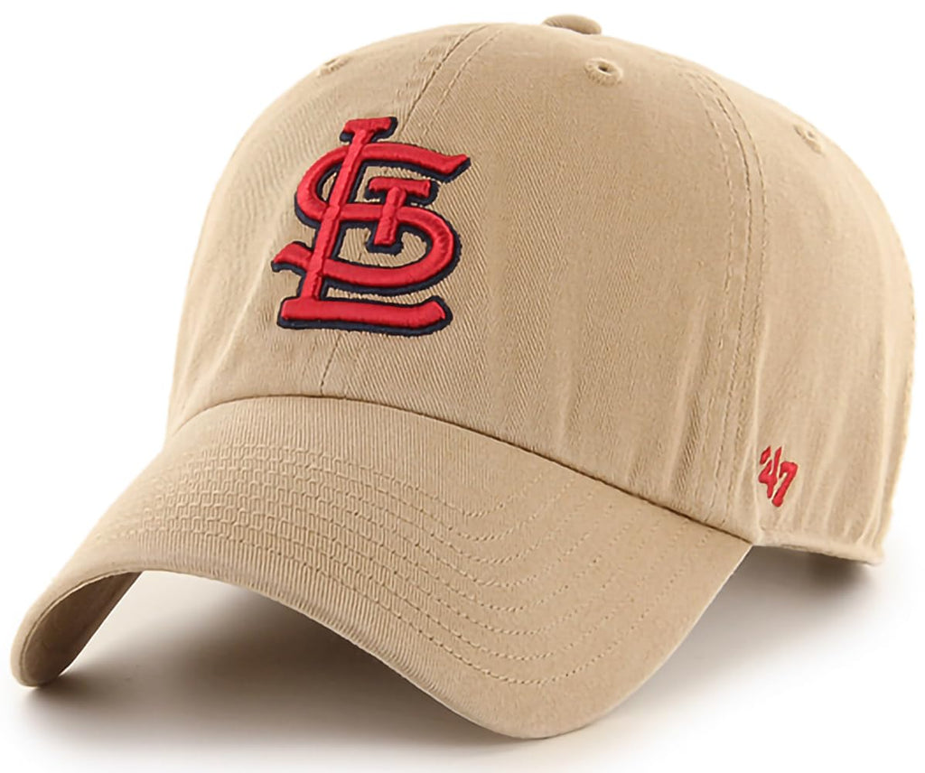 47 Brand MLB Khaki Primary Logo Clean Up Adjustable Strap Baseball Dad Hat Cap, Adult One Size Fits All - St Louis Cardinals - Khaki