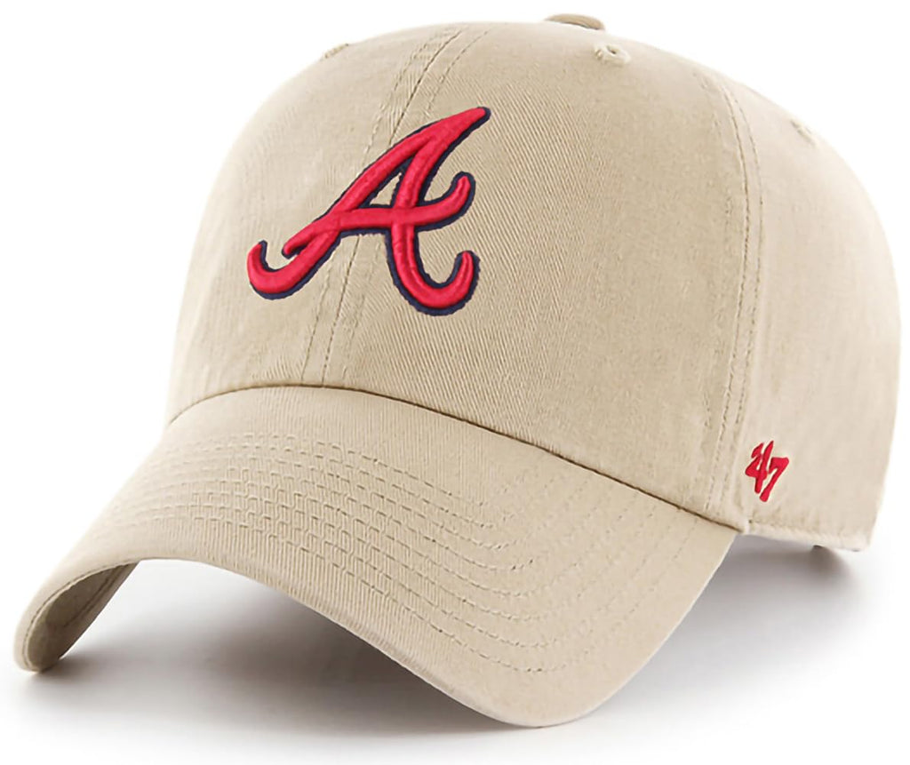 47 Brand MLB Khaki Primary Logo Clean Up Adjustable Strap Baseball Dad Hat Cap, Adult One Size Fits All - Atlanta Braves - Khaki