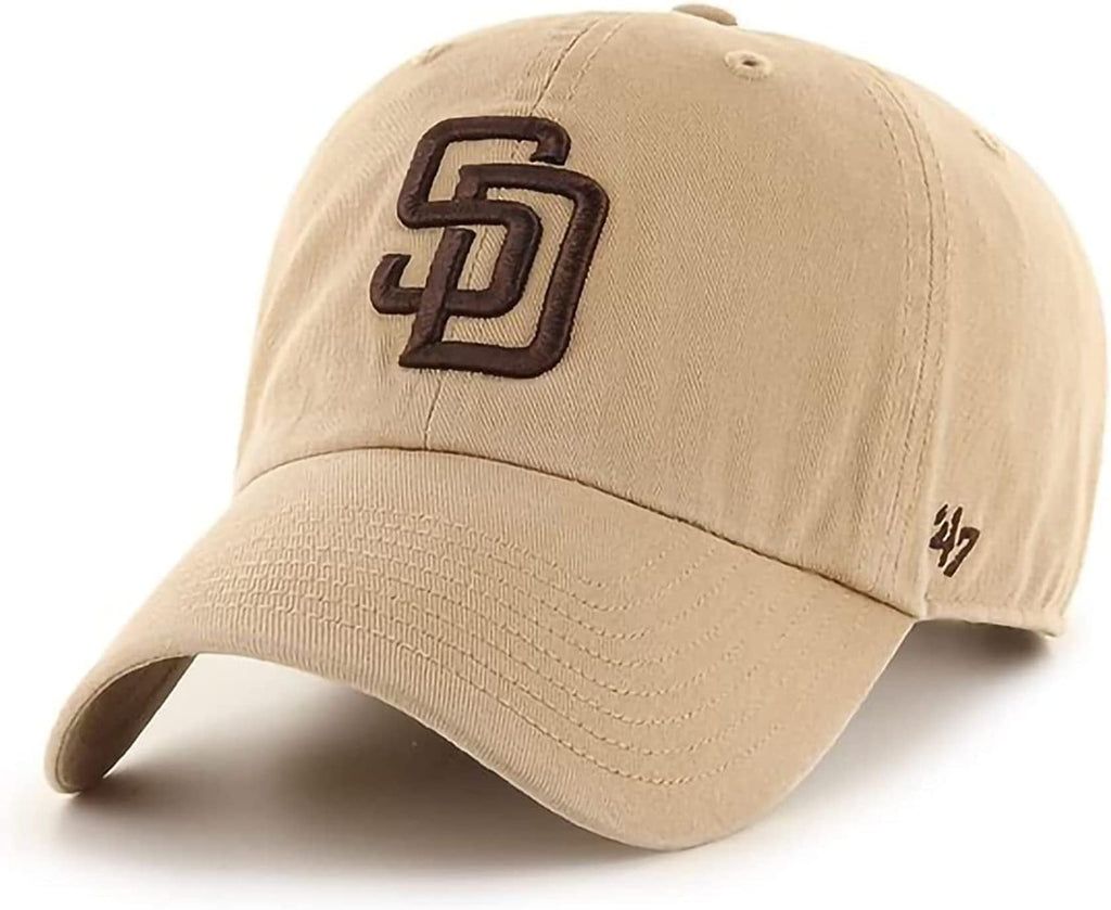 47 Brand MLB Khaki Primary Logo Clean Up Adjustable Strap Baseball Dad Hat Cap, Adult One Size Fits All - San Diego Padres - Khaki