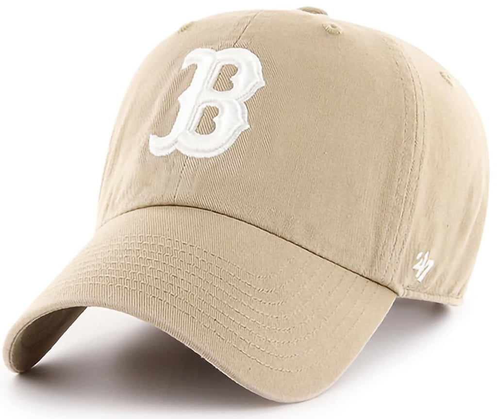 47 Brand MLB Khaki White Primary Logo Clean Up Adjustable Strap Baseball Dad Hat Cap, Adult One Size Fits All - Boston Red Sox - Khaki White