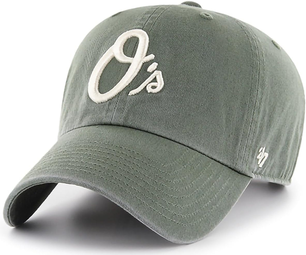 47 Brand MLB Moss Green Primary Logo Clean Up Adjustable Strap Baseball Cap Hat, Adult One Size Fits All - Baltimore Orioles Moss Green