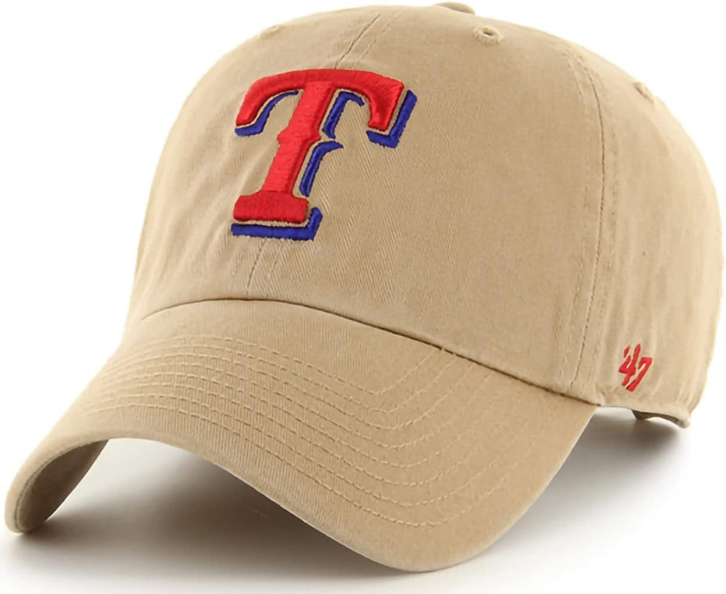 47 Brand MLB Khaki Primary Logo Clean Up Adjustable Strap Baseball Dad Hat Cap, Adult One Size Fits All (US, Alpha, One Size, Texas Rangers, Texas Rangers)