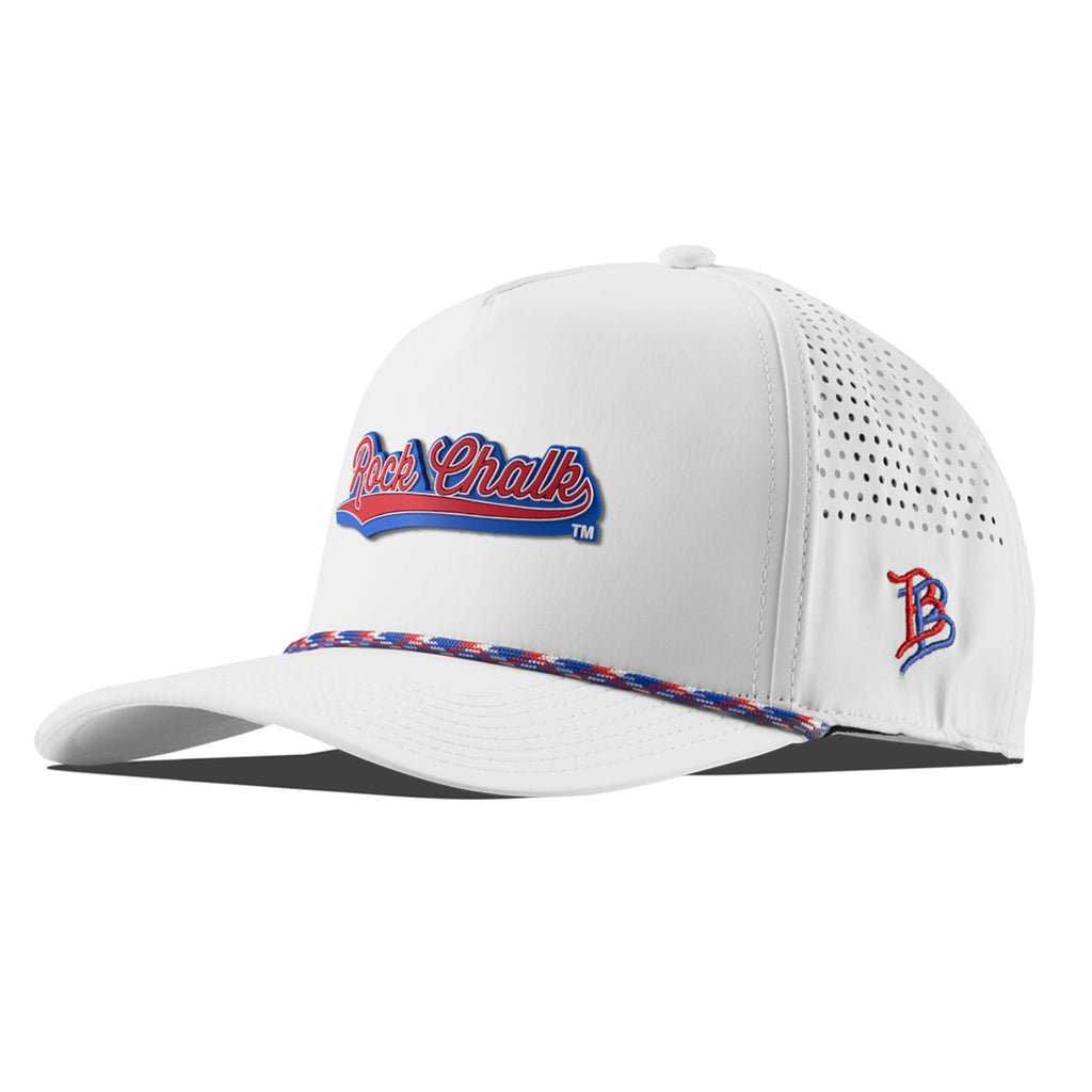 Branded Bills Officially Licensed x Kansas Jayhawks White RWB 5-Panel Rock Chalk Red and Blue Script PVC
