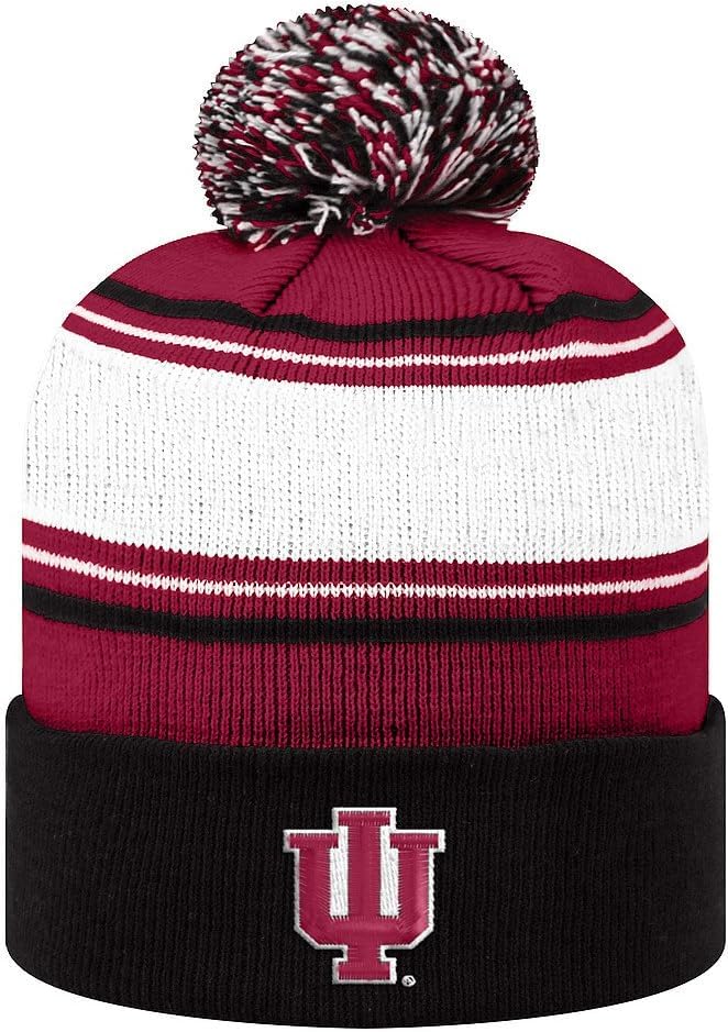Collegiate Cuffed Knit Beanie Hats, Cuffed Knit Winter Beanies Available (Winter Pom Beanie, Indiana Striped)