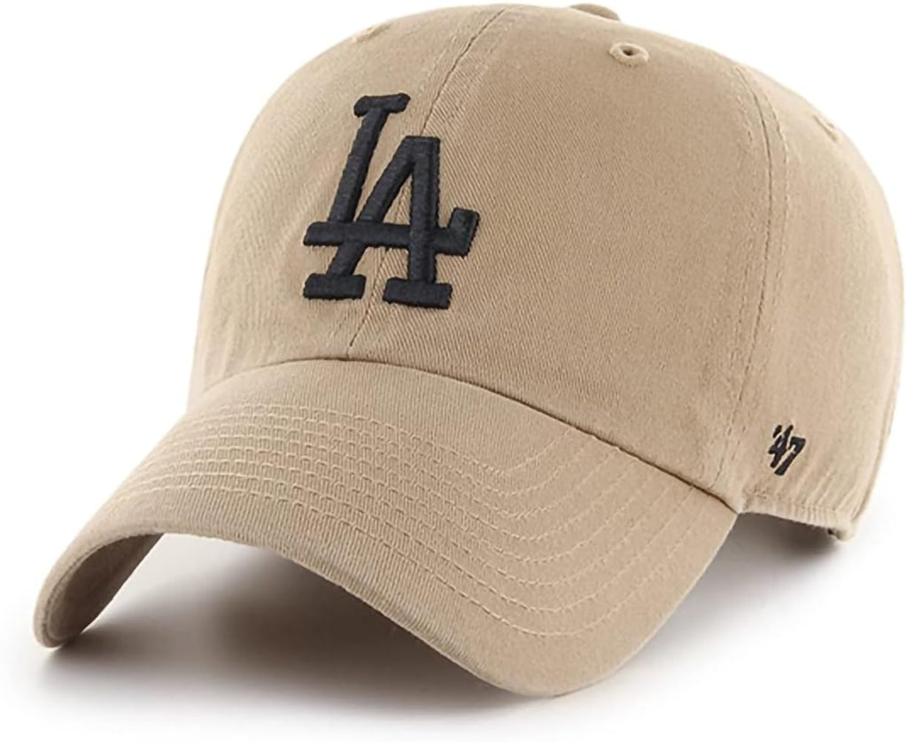 47 Brand MLB Khaki Primary Logo Clean Up Adjustable Strap Baseball Dad Hat Cap, Adult One Size Fits All - Los Angeles Dodgers - Khaki Black