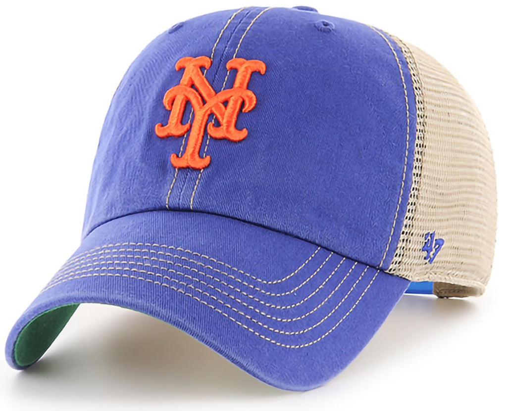 47 MLB Trawler Primary Logo Team Color Mesh Trucker Clean Up Adjustable Hat, Adult One Size Fits All - New York Mets Blue