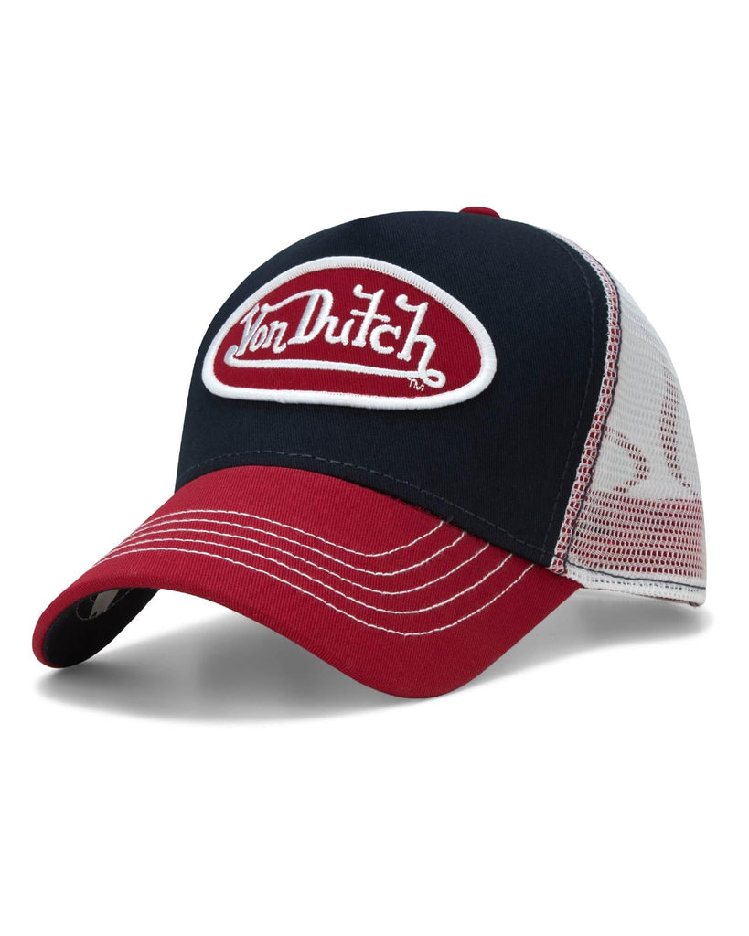 Von Dutch Unisex Trucker Hat - Curved Bill Mesh Back Retro Classic Colorblock Snapback Baseball Cap for Men and Women, Size One Size, Team Red