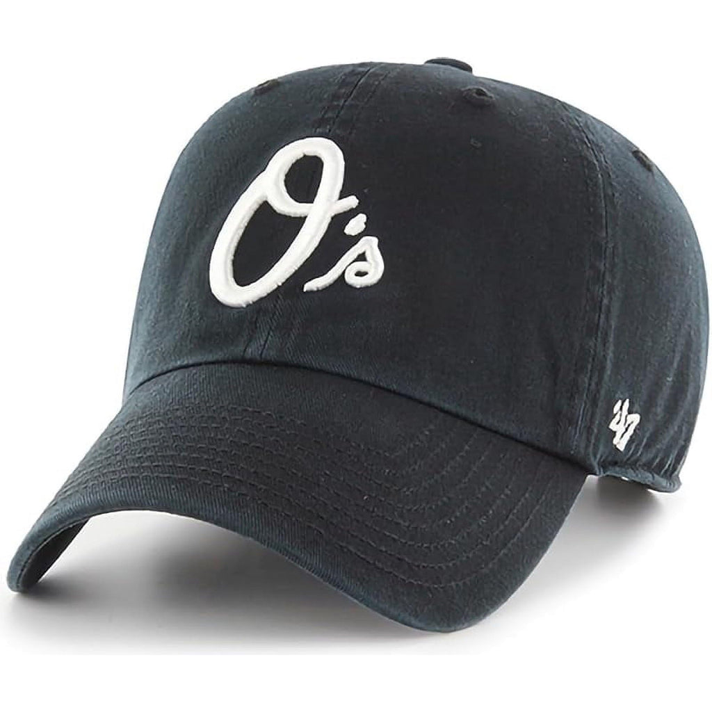 47 Brand MLB Black White Primary Logo Clean Up Adjustable Baseball Cap Hat, Adult One Size Fits All - Baltimore Orioles Black White