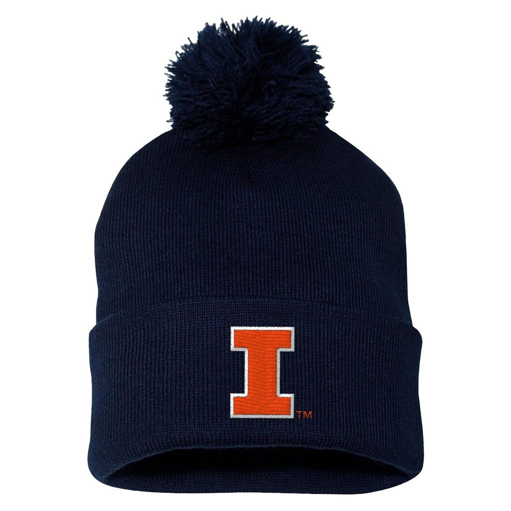 UGP Campus Apparel BN508 - Illinois Fighting Illini Primary Logo Pom-Pom Cuffed Beanie - One Size - Navy