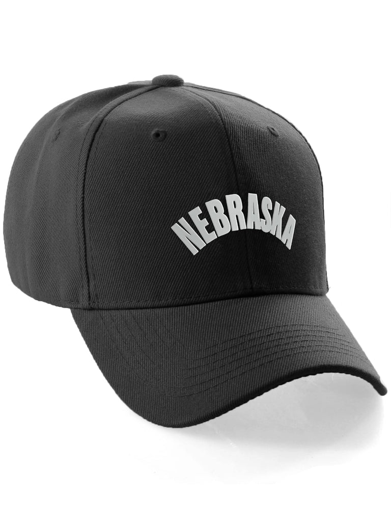 Daxton USA Cities States Baseball Hat Cap Arch Letters, Nebraska Black White