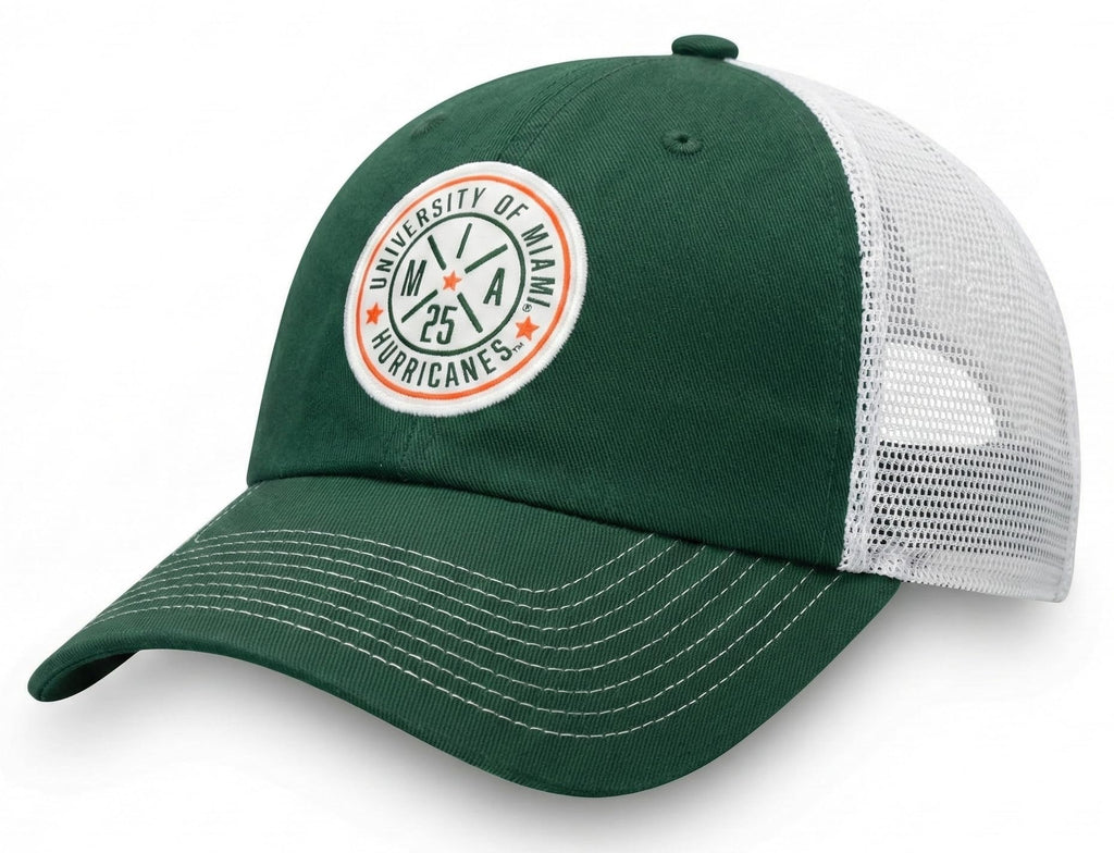 Officially Licensed University Miami Hat Classic Green/White Relaxed Fit Hurricanes Team Logo Adjustable Mesh Trucker Snapback Baseball Sports Cap
