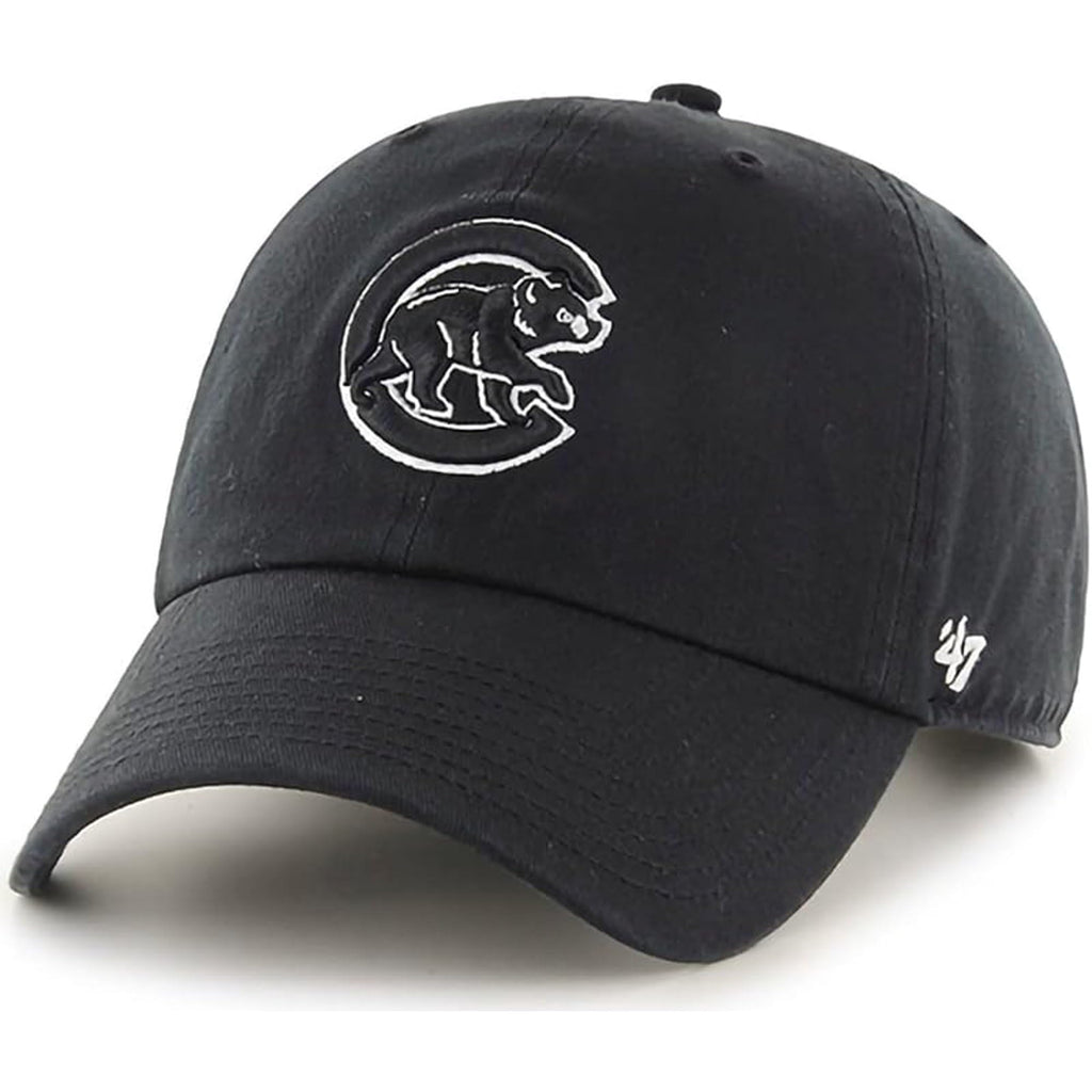 47 Brand MLB Black White Primary Logo Clean Up Adjustable Baseball Cap Hat, Adult One Size Fits All - Chicago Cubs Black White