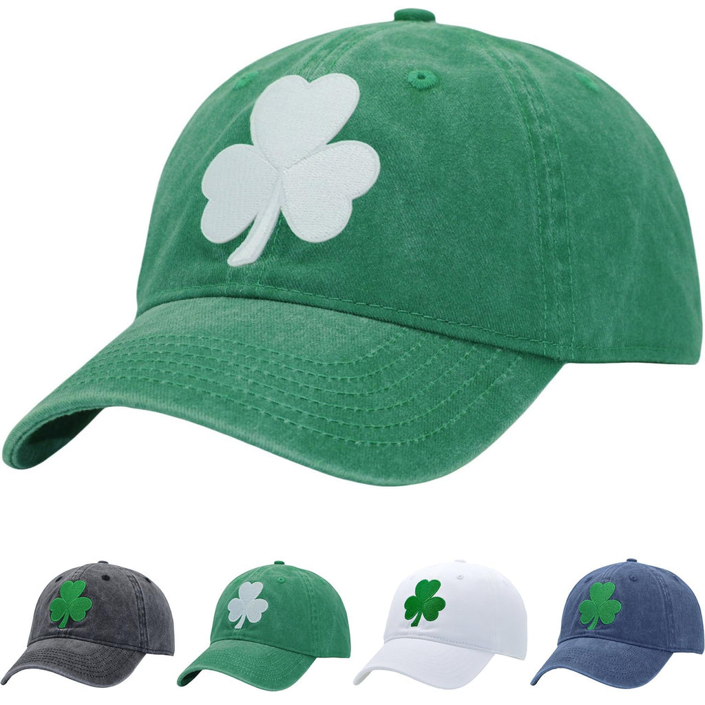 St Patricks Day Hat Ireland Dad Lucky Clover Hats Irish Mom Shamrock Baseball Cap XL/XXL Kelly Green Washed Cotton Adjustable Unstructured Four Leaf Clover Golf Ball Caps for Men Women