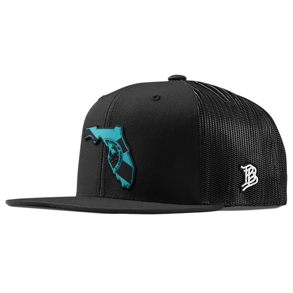 Branded Bills Florida Turquoise PVC Black Flat Trucker, Snapback Closure, Lightweight, Comfortable Baseball Cap
