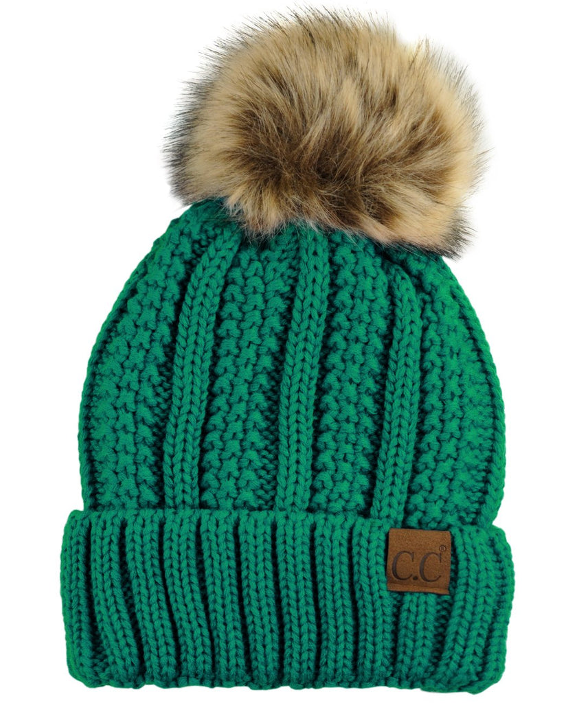 C.C Thick Cable Knit Faux Fuzzy Fur Pom Fleece Lined Skull Cap Cuff Beanie, Sea Green
