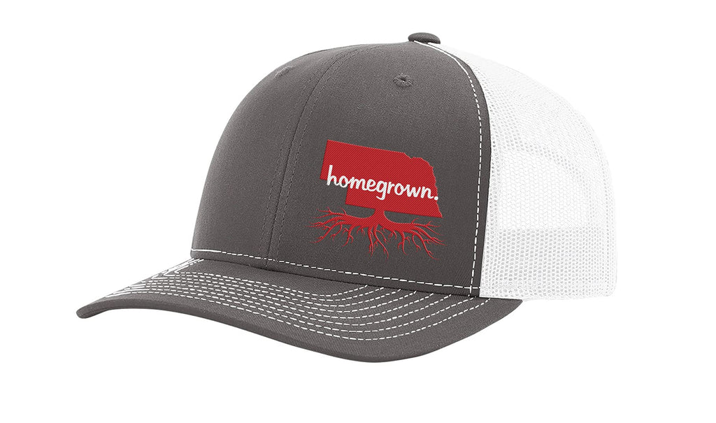 Heritage Pride Men's Homegrown Roots State Pride Embroidered Charcoal with White Mesh Back Trucker Hat-Nebraska