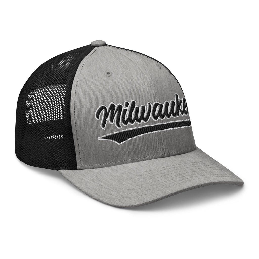 Vintage Milwaukee Baseball Script Mesh Retro Milwaukee Trucker Hat Cap Heather/Black