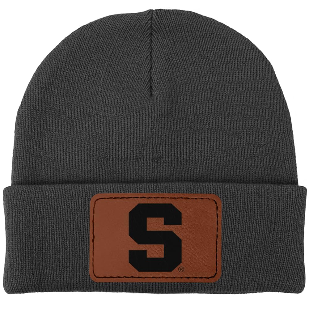 Campus Lab Syracuse University Primary Logo Rectangle Unisex Rectangle Leather Patch Knit Beanie with Folded Cuff, Charcoal