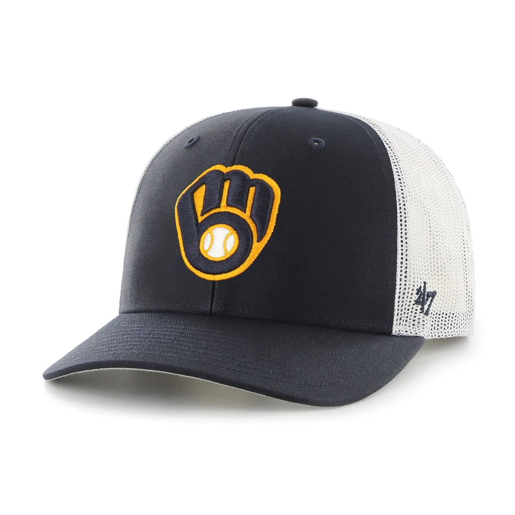 47 MLB Team Color Primary Logo Mesh Trucker Snapback Adjustable Hat Cap, Adult One Size Fits All - Milwaukee Brewers Navy