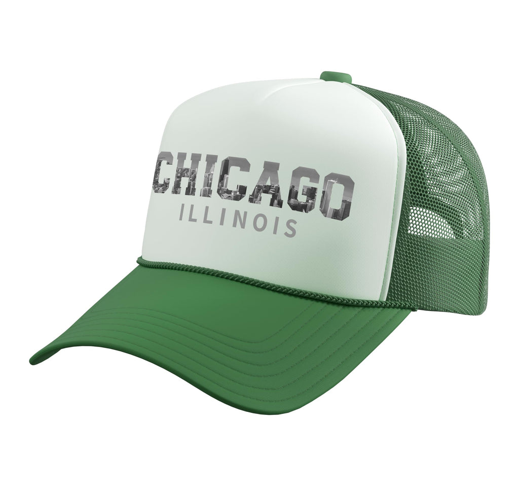 Vintage Chicago Illinois Windy City Iconic Skyline Souvenir Trucker Hat with Adjustable Mesh Back, Kelly Green/White
