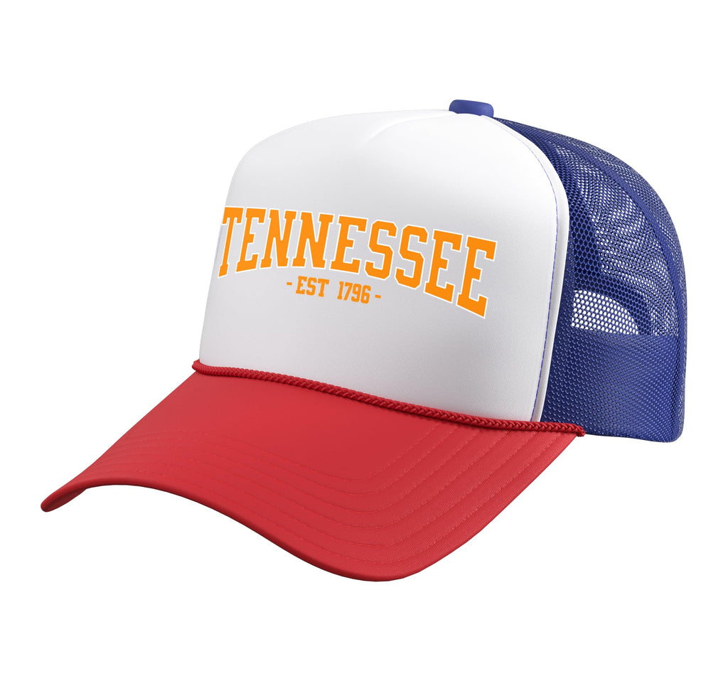 Tennessee Est 1796 Vintage State Pride Men's, Women's, Kids Trucker Hat with Adjustable Mesh Back, Red/White/Royal Blue