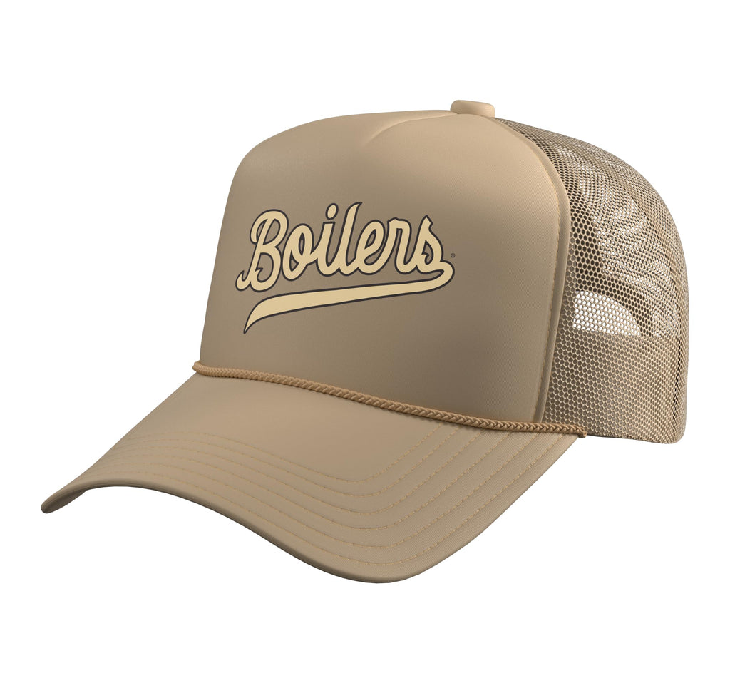 Purdue University Boilermakers Boilers Script Trucker Hat with Adjustable Mesh Back, Khaki