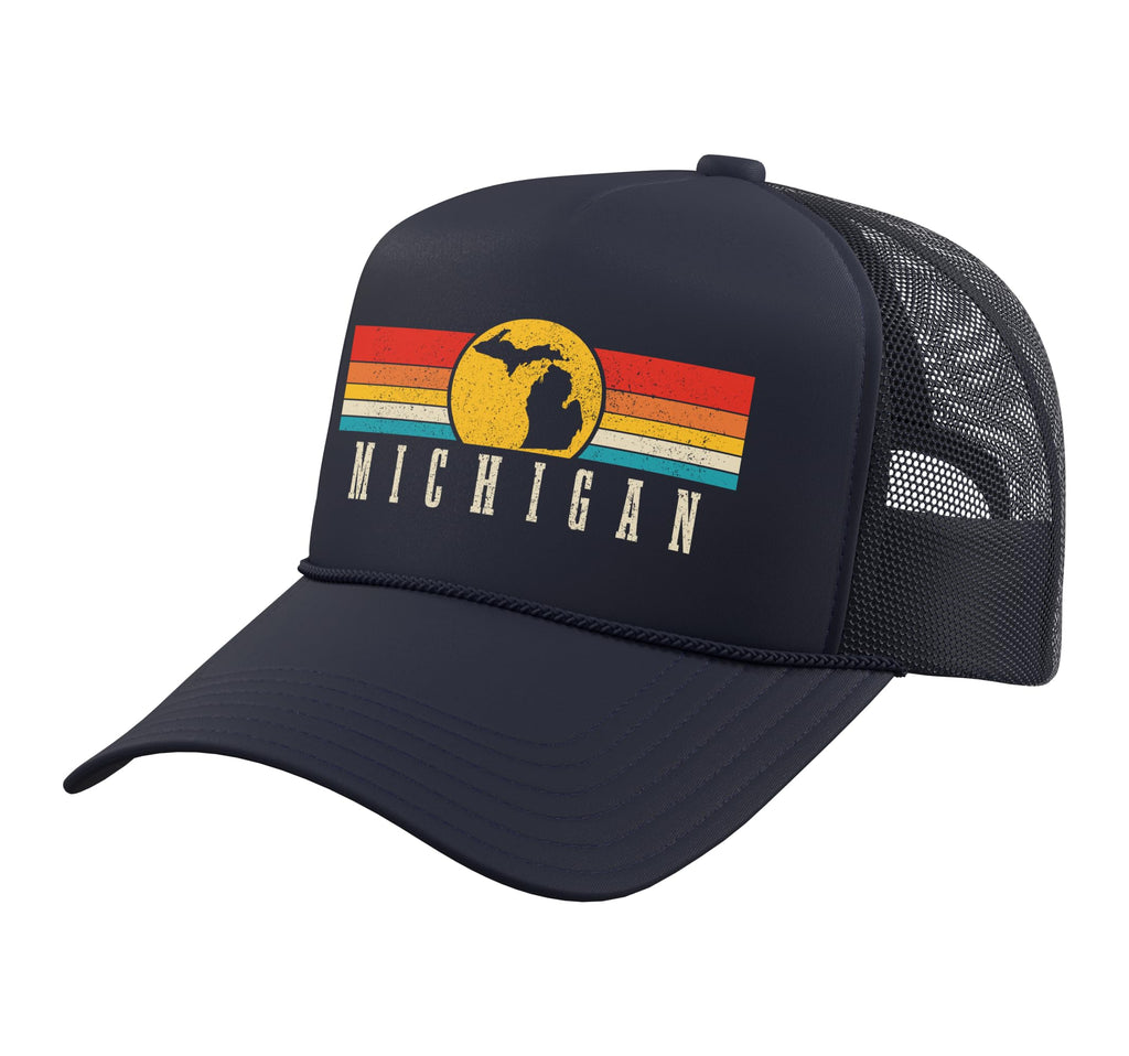 Michigan Vintage Roots Pride Retro Card Trucker Hat with Adjustable Mesh Back, Navy Blue