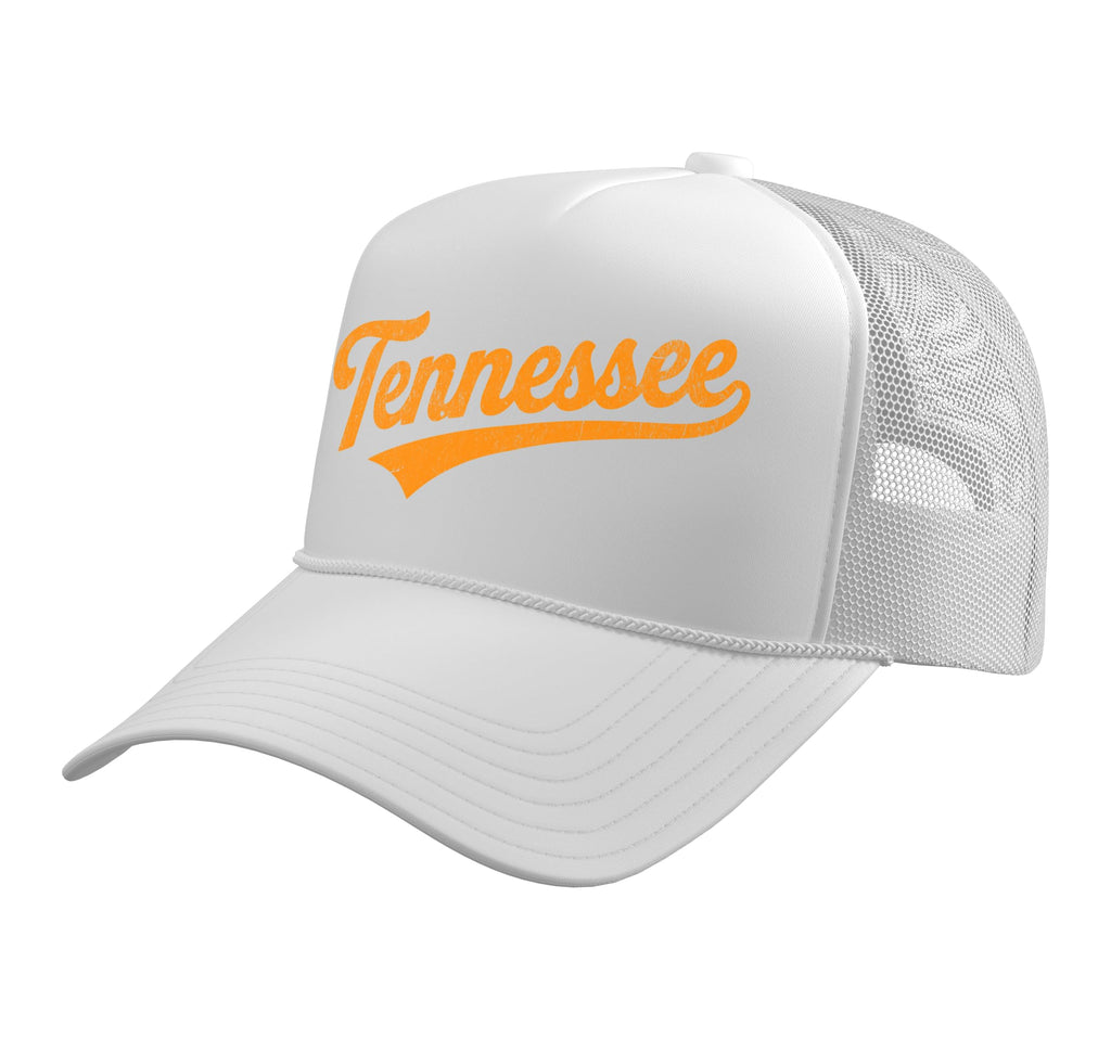 Classic Tennessee Script Vintage Athletic Design Trucker Hat with Adjustable Mesh Back, White