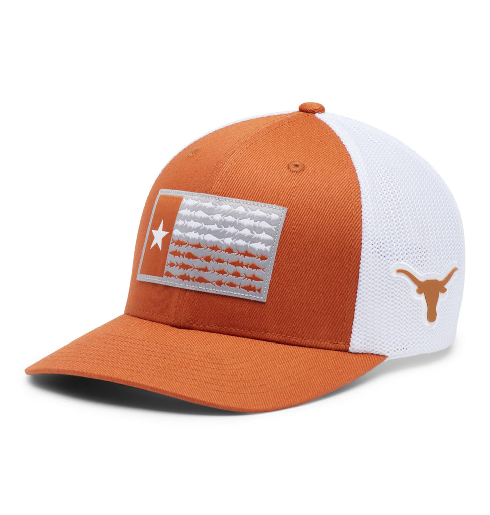 Columbia Unisex Collegiate PFG Mesh Fish Flag Ball Cap, TEX - Cedar/Texas Flag, Large/X-Large