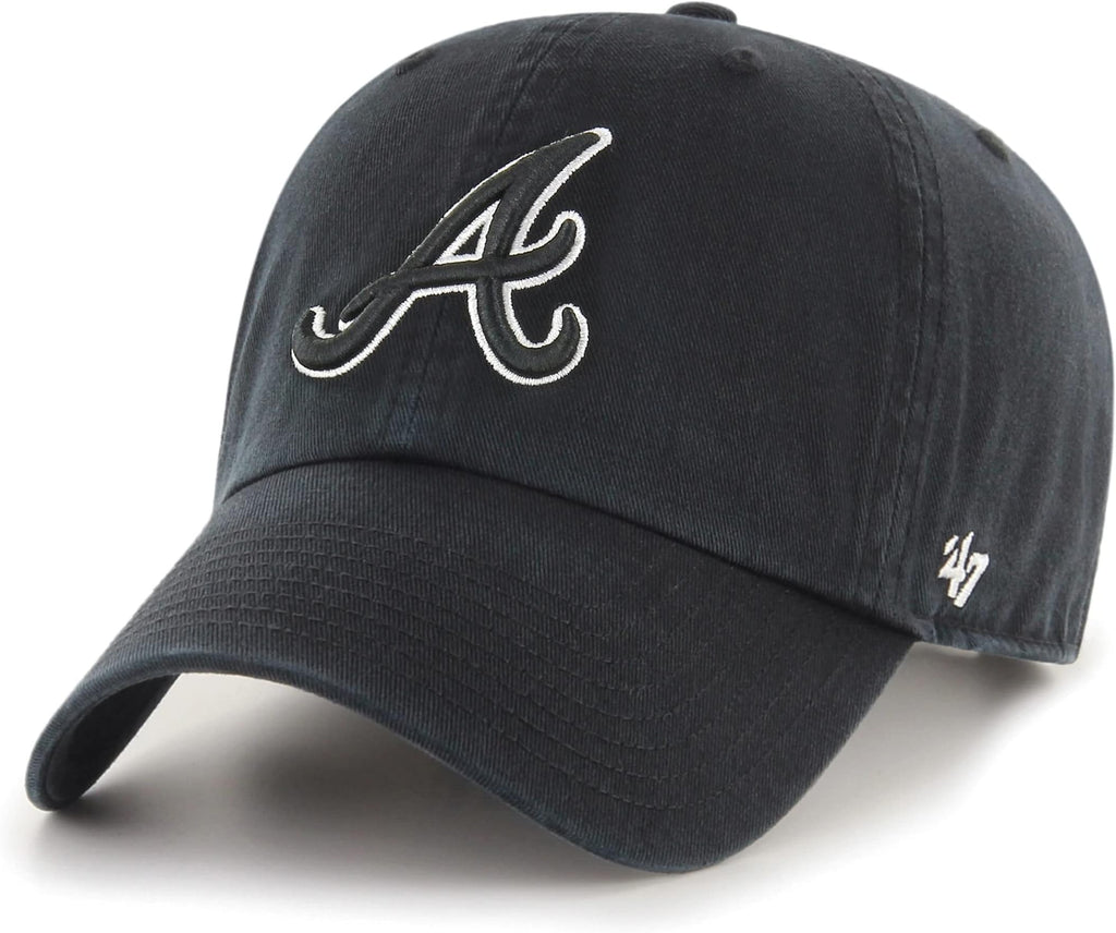 47 Brand MLB Black White Outline Primary Logo Clean Up Adjustable Baseball Cap Hat, Adult One Size Fits All - Atlanta Braves Black White Outline
