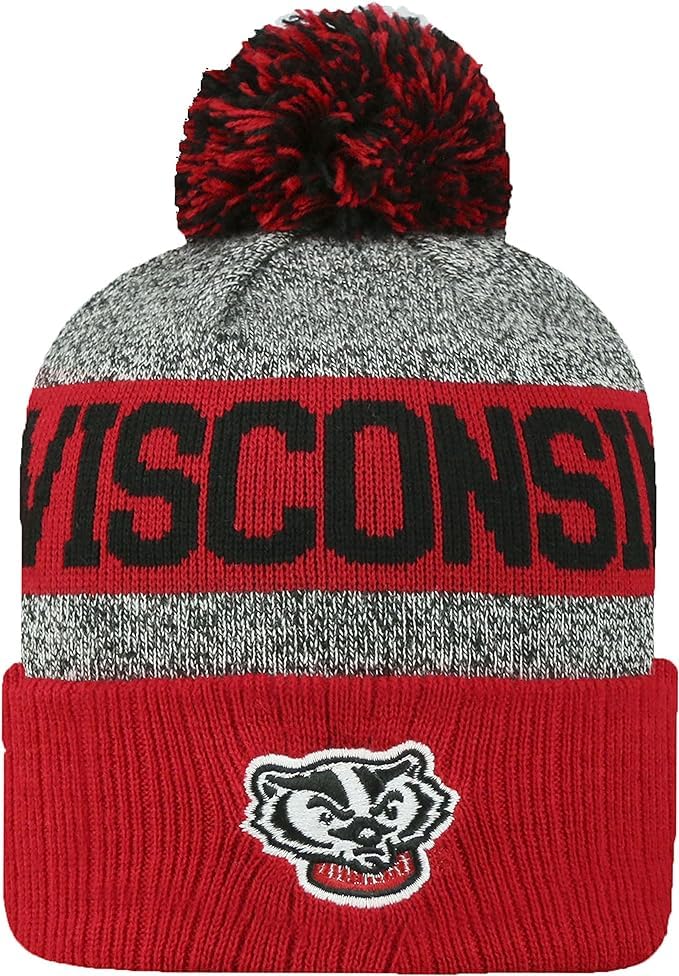 Collegiate Cuffed Knit Beanie Hats, Cuffed Knit Winter Beanies Available (Winter Pom Beanie, Wisconsin)