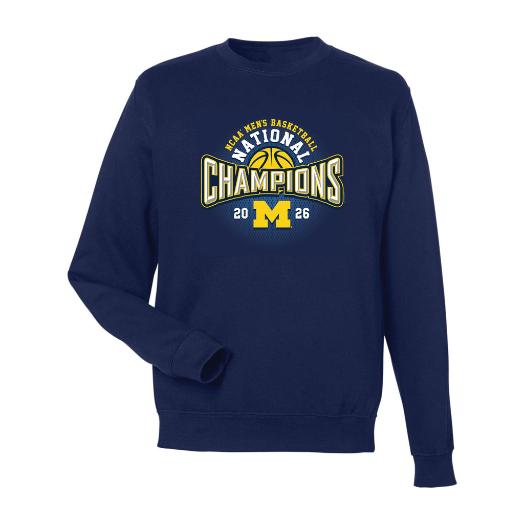 J2 Sport 2025-2026 University of Michigan National Basketball Champs Sweatshirt, College NCAA Champions Apparel, Wolverines Championship Shirt, Navy, XL