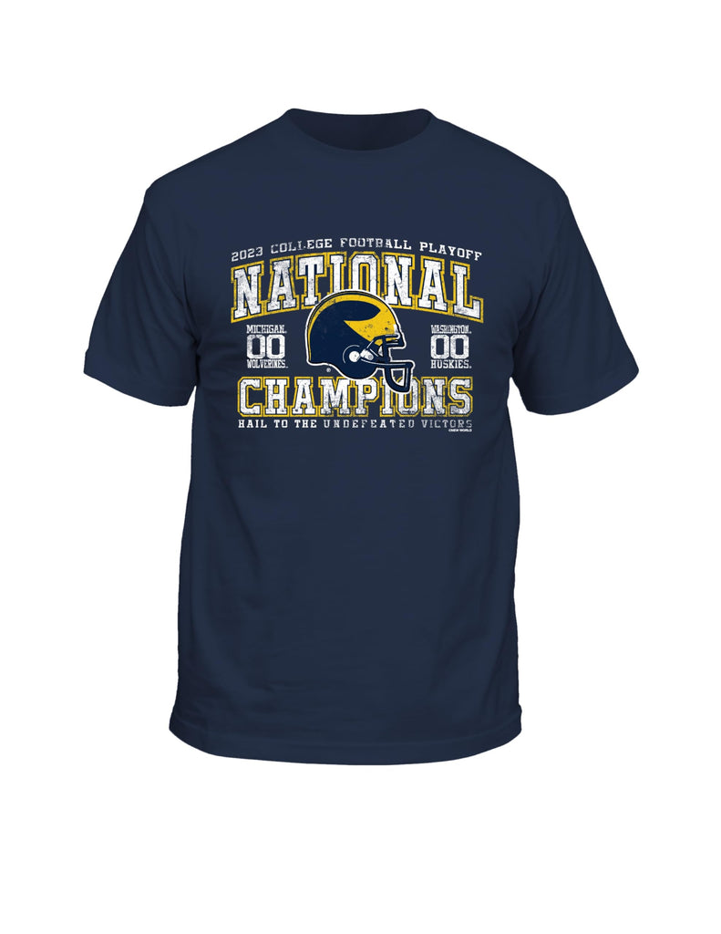 Michigan Wolverines Football 2023 National Championship Score Short Sleeve T-Shirt-Navy Blue-XL