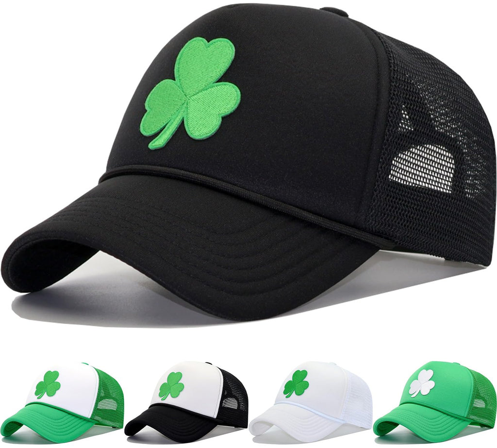 YEANIY St Patricks Day Hats Green Shamrock Trucker Hat Lucky Clover Blac Baseball Cap Adjustable Snapback Mesh Four Leaf Clover Caps for Men Women