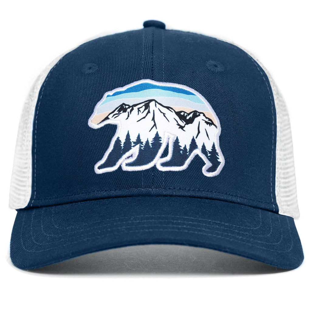 Pnkvnlo California Bear&Mountain Trucker Hats for Men - Embroidered Adjustable Mesh Baseball Men Caps for Wilderness Explore - Navy Bear