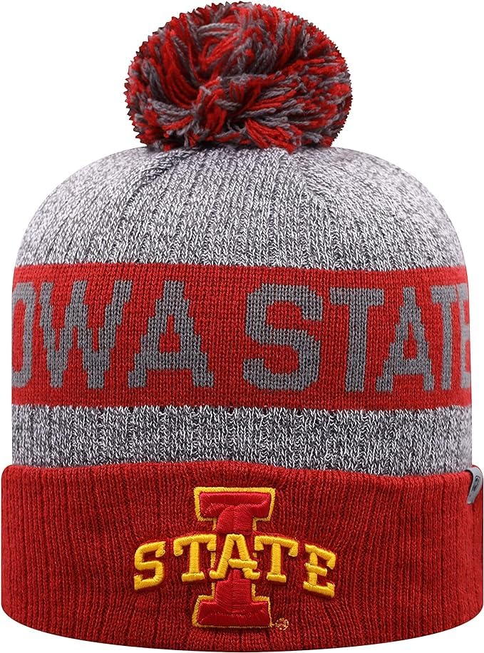Collegiate Cuffed Knit Beanie Hats, Cuffed Knit Winter Beanies Available (Winter Pom Beanie, Iowa State)