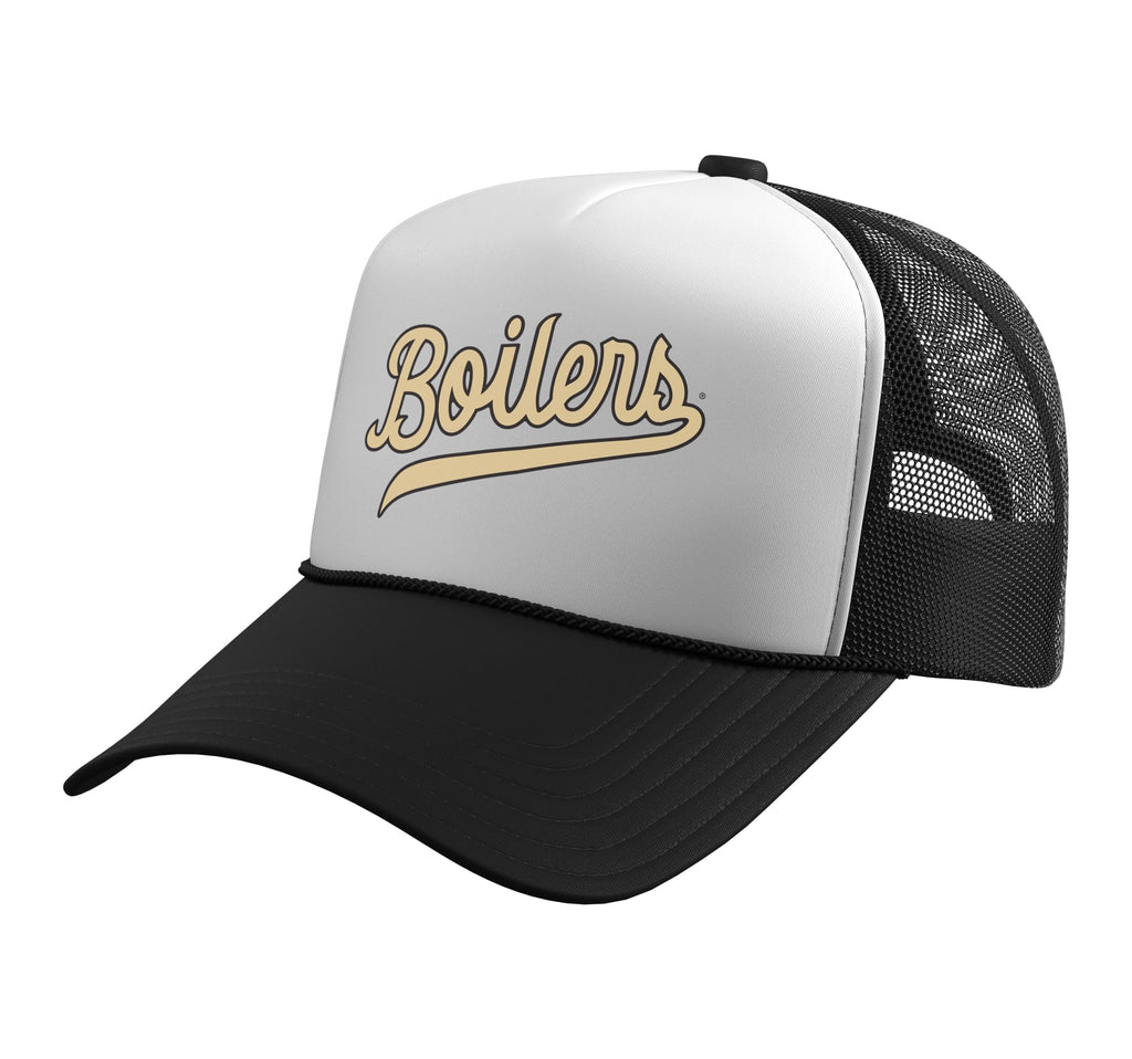 Purdue University Boilermakers Boilers Script Trucker Hat with Adjustable Mesh Back, Black/White