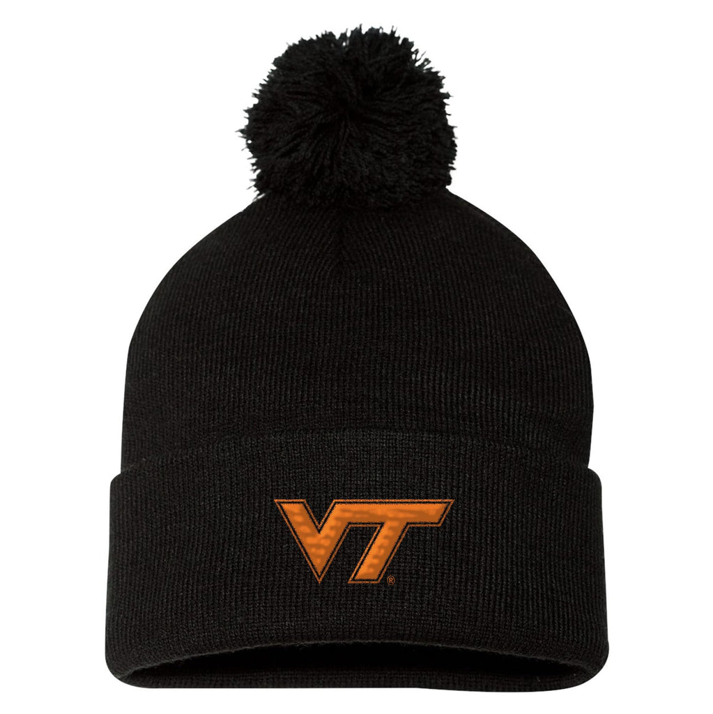 UGP Campus Apparel - BN508 - Virginia Tech Hokies Primary Logo - Sports Team Pom-Pom Cuffed Beanie - One Size - Black