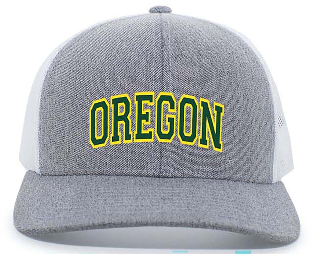 Heritage Pride Oregon Football Team Color State Name Embroidered Mesh Back Trucker Hat-Oregon-Heather Grey/White