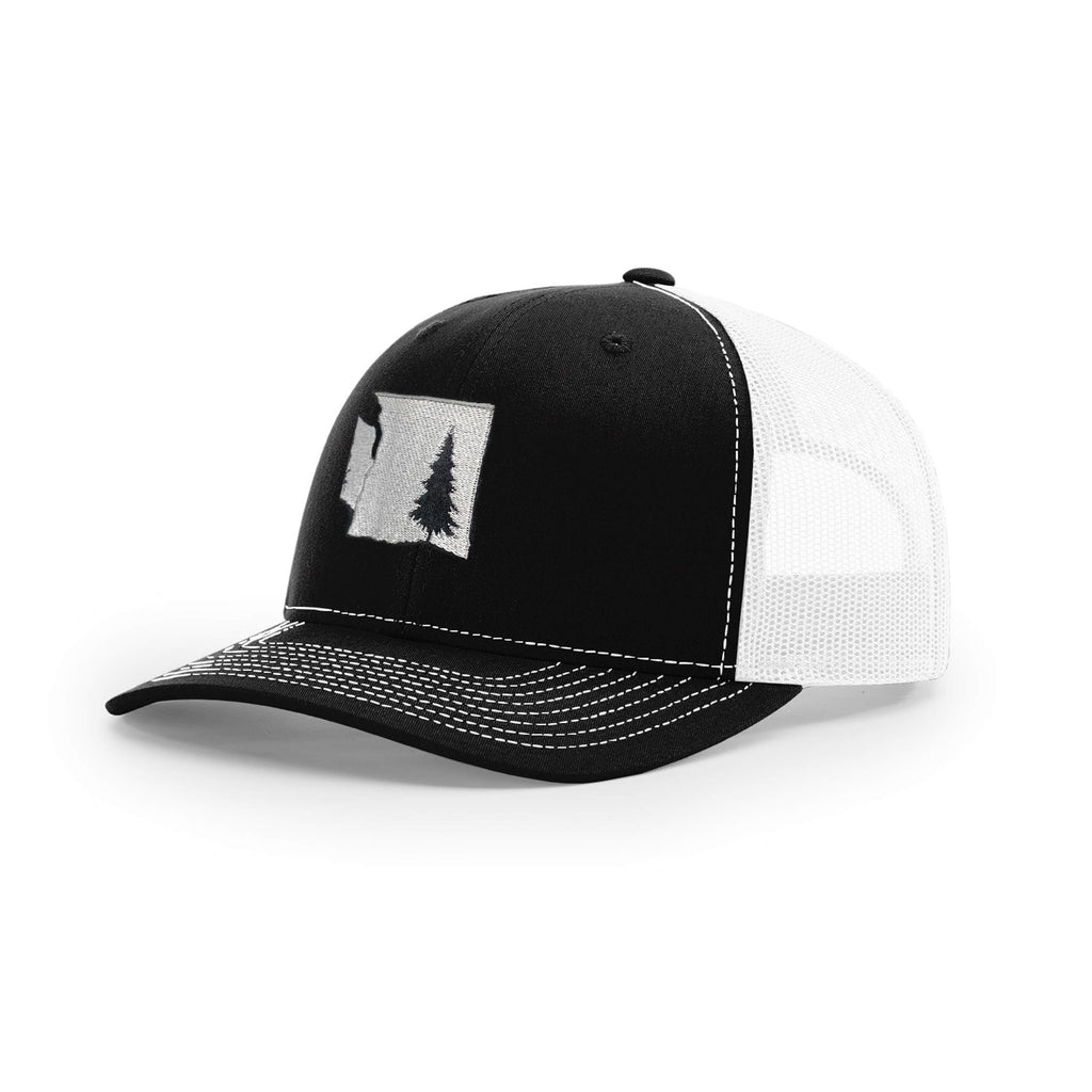 Aoojanu Embroidery Washington State Map Baseball Cap Script Mesh Tree Snapback Trucker Hat Black/White